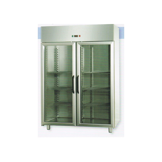 ARMADIO REFRIGERATO GN 2/1 MONOBLOCCO IN ACCIAIO INOX CON 2 PORTE IN VETRO E 1 LUCE NEON INTERNA - Temperatura -18 / -22 C