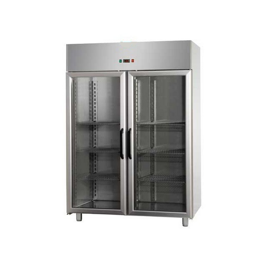 ARMADIO REFRIGERATO MONOBLOCCO IN ACCIAIO INOX CON 2 PORTE IN VETRO E 1 LUCE NEON INTERNA PER TEGLIE 60x40 cm - Temperatura -18 
