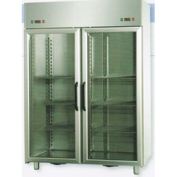 ARMADIO COMBINATO REFRIGERATO GN 2/1 IN ACCIAIO INOX A DOPPIA TEMPERATURA CON 2 PORTE IN VETRO E 2 LUCI NEON INTERNE - Temperatu