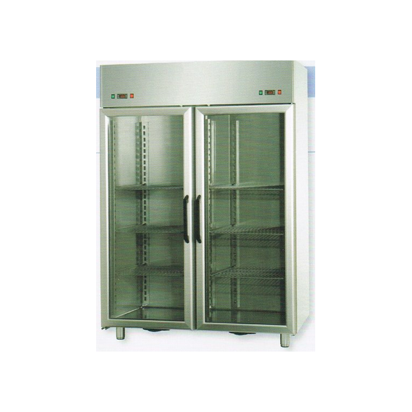 ARMADIO COMBINATO REFRIGERATO GN 2/1 IN ACCIAIO INOX A DOPPIA TEMPERATURA CON 2 PORTE IN VETRO E 2 LUCI NEON INTERNE - Temperatu