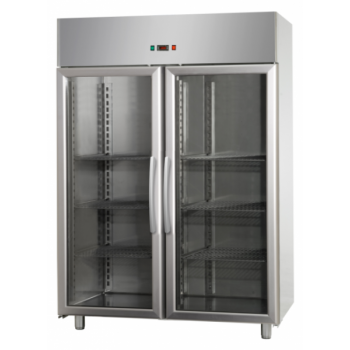 ARMADIO COMBINATO REFRIGERATO GN 2/1 IN ACCIAIO INOX A DOPPIA TEMPERATURA CON 2 PORTE IN VETRO E 2 LUCI NEON INTERNE - Temperatu