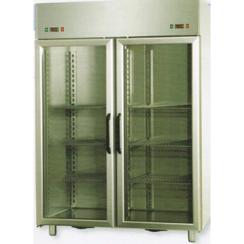ARMADIO COMBINATO REFRIGERATO GN 2/1 IN ACCIAIO INOX A DOPPIA TEMPERATURA CON 2 PORTE IN VETRO E 2 LUCI NEON INTERNE - Temperatu
