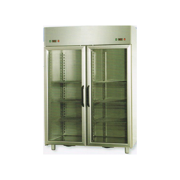 ARMADIO COMBINATO REFRIGERATO GN 2/1 IN ACCIAIO INOX A DOPPIA TEMPERATURA CON 2 PORTE IN VETRO E 2 LUCI NEON INTERNE - Temperatu