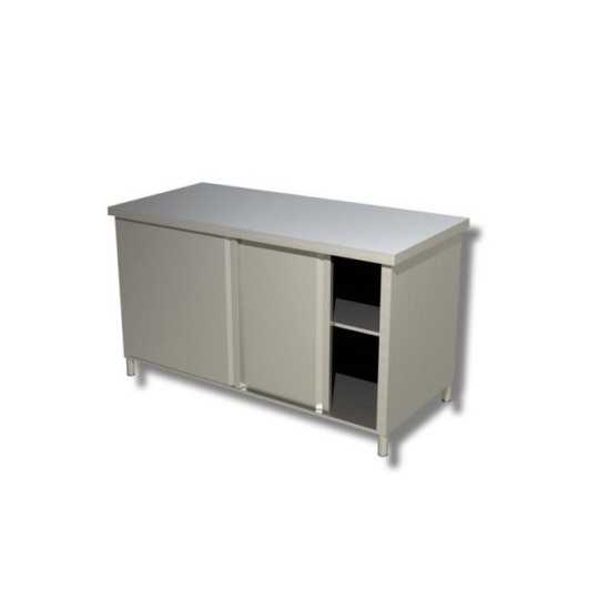 TAVOLO DA LAVORO IN ACCIAIO INOX ARMADIATO CON ANTE SCORREVOLI PROFONDITA\' 70 CM