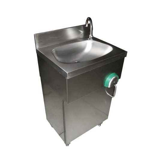 LAVE-MAINS SUR MEUBLE AVEC PORTE EN ACIER INOXYDABLE ET COMMANDE AU GENOU