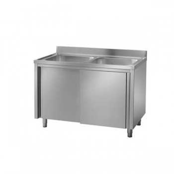 ÉVIER SUR PLACARD EN ACIER INOXYDABLE - PORTES COULISSANTES - 2 LAVABO, PROFONDEUR 70 CM