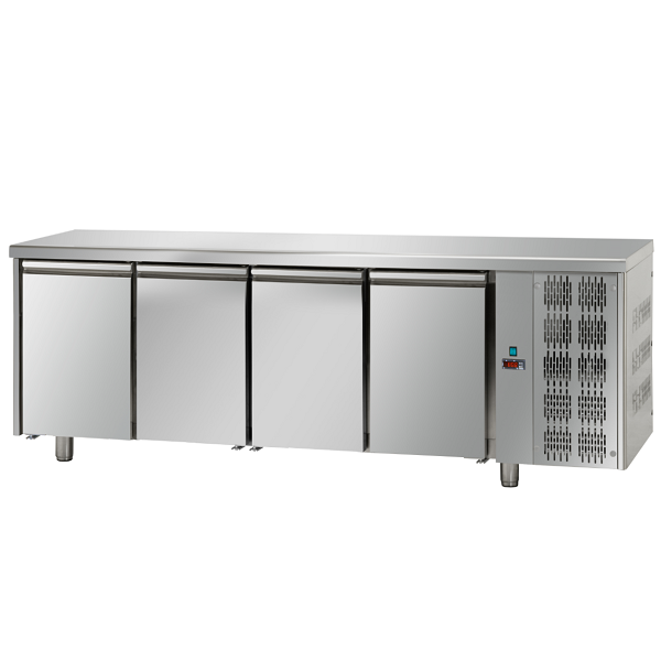 TABLE RÉFRIGÉRÉE EN INOX AVEC 4 PORTES POUR PLATEAUX 60x40 cm - D.80 cm