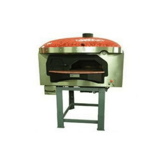 Rotating base wood-fired oven with domed cooking chamber and separate combustion chamber