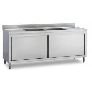 ÉVIER SUR PLACARD EN ACIER INOXYDABLE - PORTES COULISSANTES - 2 LAVABOS + 2 ÉGOUTTOIRS, PROFONDEUR 70 CM