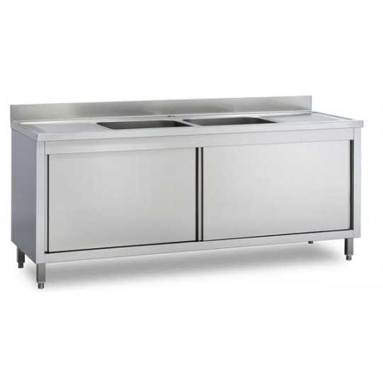 ÉVIER SUR PLACARD EN ACIER INOXYDABLE - PORTES COULISSANTES - 2 LAVABOS + 2 ÉGOUTTOIRS, PROFONDEUR 70 CM