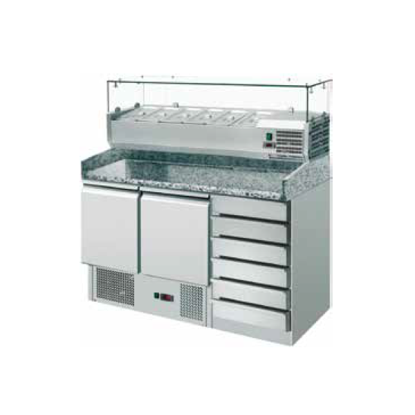 SALADETTE 2 PORTES ET TIROIRS AVEC DESSUS EN GRANIT ET VITRINE RÉFRIGÉRÉE POUR LES INGRÉDIENTS