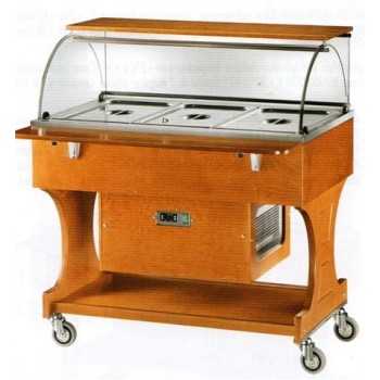 CARRELLO REFRIGERATO IN LEGNO CON CUPOLA IN PLEXIGLASS E RIPIANO SUPERIORE - CAPACITA\' : 3 VASCHE GN 1/1 - L.148 x P.90 x H.126