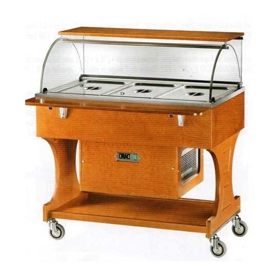 REFRIGERATED WOODEN TROLLEY WITH PLEXIGLASS DOME AND UPPER SHELF - CAPACITY: 3 GN 1/1 TANKS - L.148 x D.90 x H.126 cm