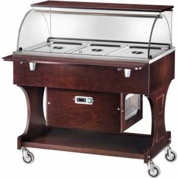 CARRELLO REFRIGERATO IN LEGNO CON CUPOLA IN PLEXIGLASS E RIPIANO SUPERIORE - CAPACITA\' : 3 VASCHE GN 1/1 - L.148 x P.90 x H.126