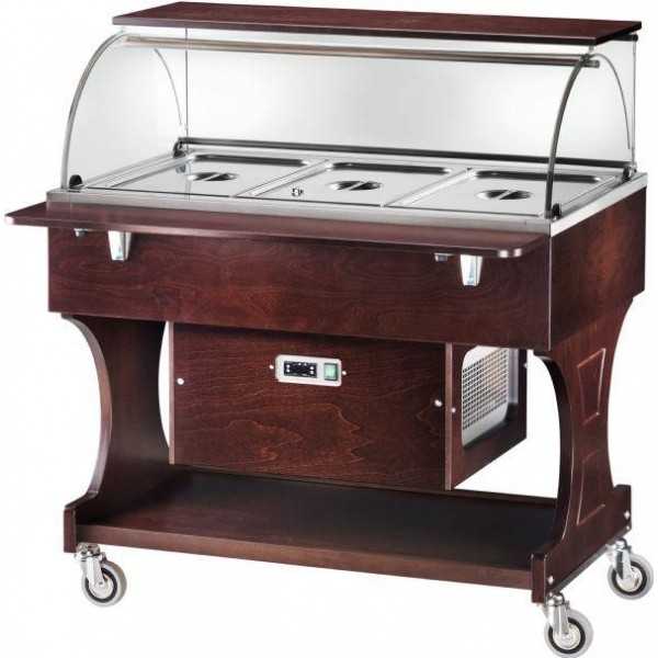 CARRELLO REFRIGERATO IN LEGNO CON CUPOLA IN PLEXIGLASS E RIPIANO SUPERIORE - CAPACITA\' : 3 VASCHE GN 1/1 - L.148 x P.90 x H.126