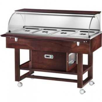 CARRELLO REFRIGERATO IN LEGNO CON CUPOLA IN PLEXIGLASS E RIPIANO SUPERIORE - CAPACITA\' : 4 VASCHE GN 1/1 - L.111 x P.90 x H.126