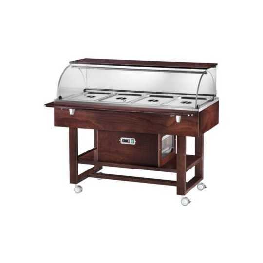 REFRIGERATED WOODEN TROLLEY WITH PLEXIGLASS DOME AND UPPER SHELF - CAPACITY: 4 GN 1/1 TANKS - L.111 x D.90 x H.126 cm