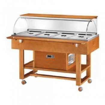 CARRELLO REFRIGERATO IN LEGNO CON CUPOLA IN PLEXIGLASS E RIPIANO SUPERIORE - CAPACITA\' : 4 VASCHE GN 1/1 - L.111 x P.90 x H.126