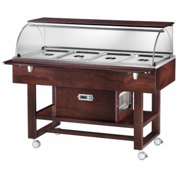 CHARIOT CHAUFFANT BAIN-MARIE AVEC DÔME EN PLEXIGLAS ET ÉTAGÈRE DE SUPPORT - CAPACITÉ : 4 BAC GN 1/1 - L.148 x P.90 x H.126 cm
