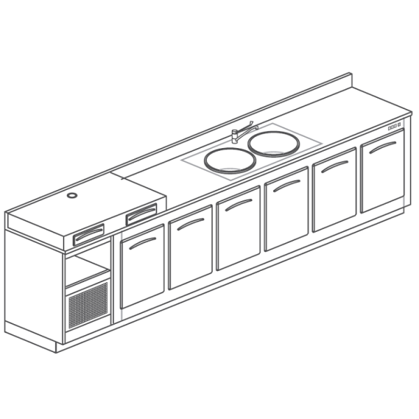 Refrigerated bar counter with 6 doors, coffee machine table top and sink, length 350 cm