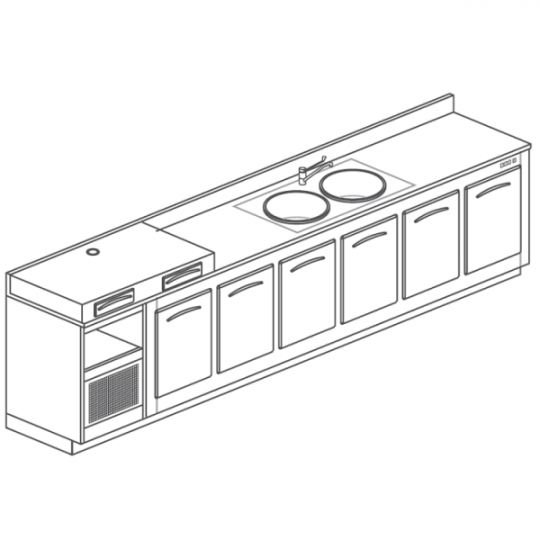 BANCO REFRIGERATO CON 6 VANI, PIANO MACCHINA CAFFÈ E LAVELLO - L.350 cm