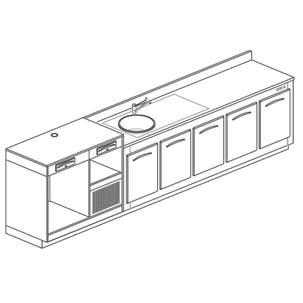 Refrigerated bar counter with 5 doors, coffee machine table top and sink, length 350 cm