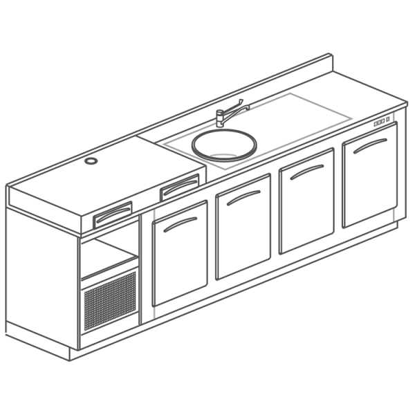 COMPTOIR RÉFRIGÉRÉ À 4 COMPARTIMENTS, PLATEAU POUR MACHINE À CAFÉ ET ÉVIER - L. 250 cm