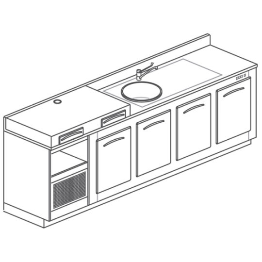 BANCO REFRIGERATO CON 4 VANI, PIANO MACCHINA CAFFÈ E LAVELLO - L.250 cm