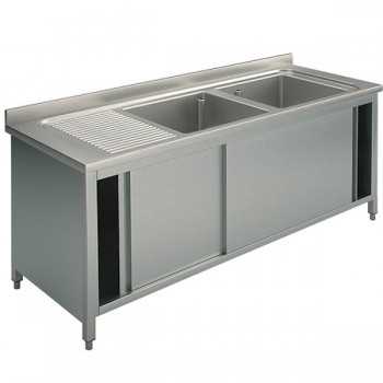 Stainless steel sink cabinet with 1 basin, 2 drainers and sliding doors
