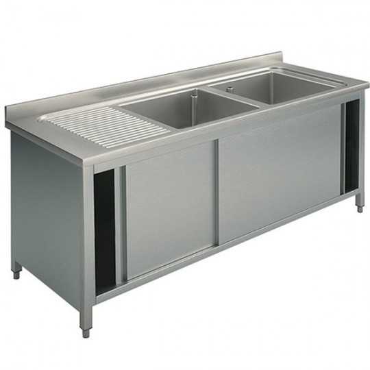 LAVATOIO ARMADIATO INOX - ANTE SCORREVOLI - 2 VASCHE + GOCCIOLATOIO