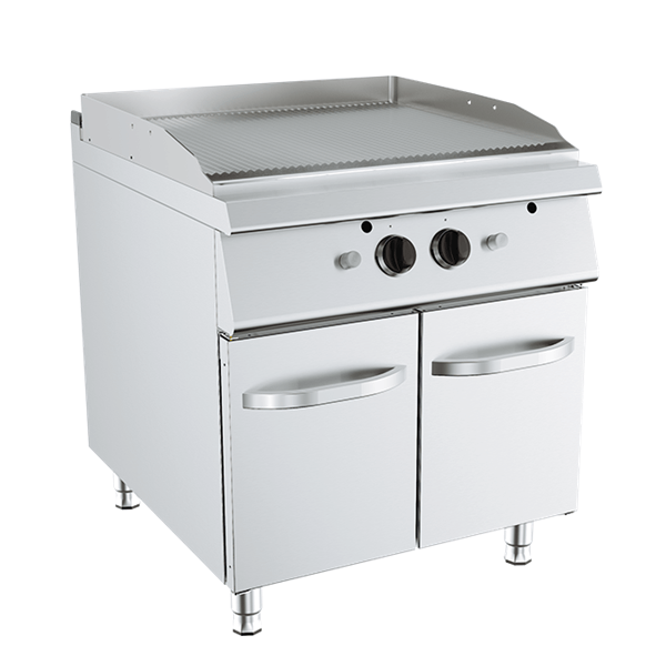 GAS GRIDDLE WITH DOUBLE RIBBED PLATE ON CABINET DEPTH 90 CM