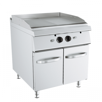 FRY TOP À GAZ AVEC PLAQUE LISSE ET NERVURÉE SUR MEUBLE, PROFONDEUR 90 CM