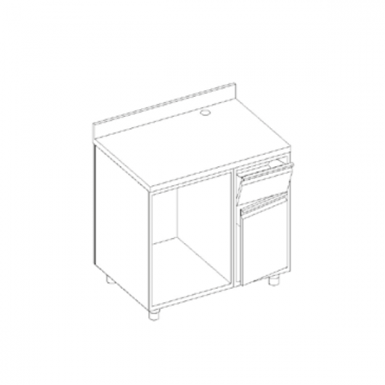 Open coffee machine counter with compartment, knock-out drawer and splashback