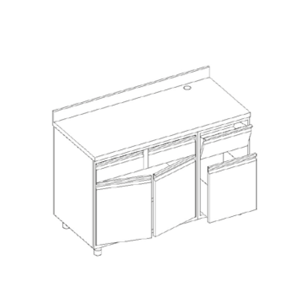 Coffee machine counter with 3 compartments, two neutral drawers, one knocker and splashback