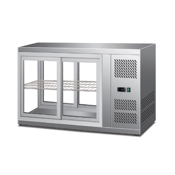 Countertop refrigerated display case with three straight glass sides