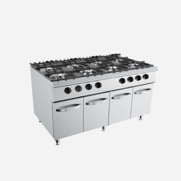 8 burner gas cooker on cabinet, depth 70 cm, power 52 kW