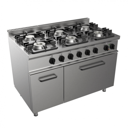 6 burner gas cooker on electric oven, depth 70 cm, burner power 27 kW