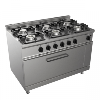Cucina a gas 6 fuochi su tuttoforno a gas profondità 70 cm, potenza 39 kW