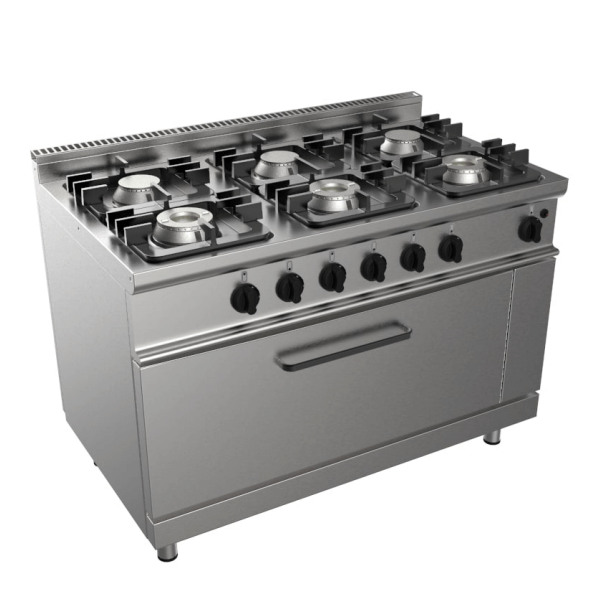 Cucina a gas 6 fuochi su tuttoforno a gas profondità 70 cm, potenza 39 kW