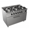 Cucina a gas 6 fuochi su tuttoforno a gas profondità 70 cm, potenza 39 kW