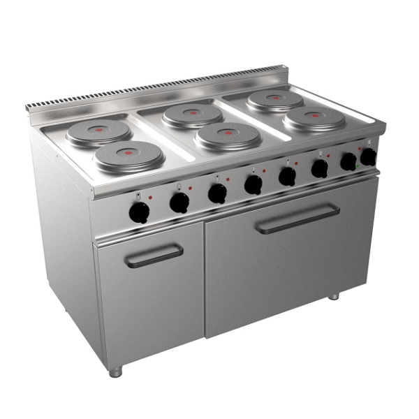 Cucina elettrica 6 piastre su forno elettrico profondità 70 cm, potenza 21,1 kW