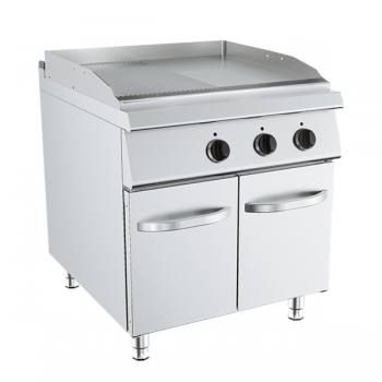 Plaque de cuisson électrique avec plaque lisse et nervurée sur meuble, profondeur 90 cm, puissance 12 kW