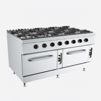 Cucina a gas 8 fuochi su 2 forni a gas profondità 70 cm, potenza 64 kW