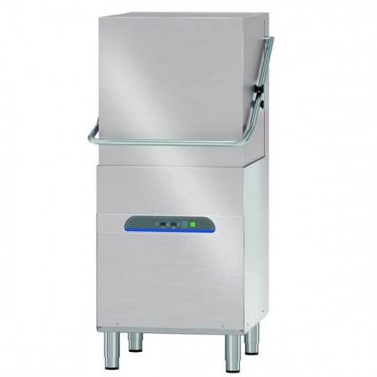 Pass through hood dishwasher with detergent and rinse aid pump