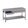 Table en acier inoxydable avec étagère inférieure et tiroirs alignés