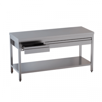 Stainless steel table with bottom shelf and in-line drawers