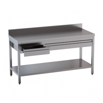 Table en acier inoxydable avec étagère inférieure, tiroirs alignés et dosseret
