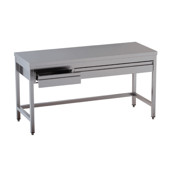 Stainless steel table with frame on three sides and in-line drawers