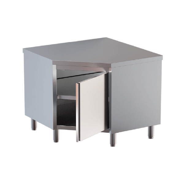 TABLE D'ANGLE EN ACIER INOXYDABLE AVEC PORTE BATTANTE