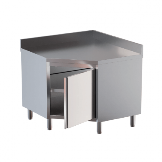 TAVOLO INOX AD ANGOLO CON PORTA A BATTENTE E ALZATINA